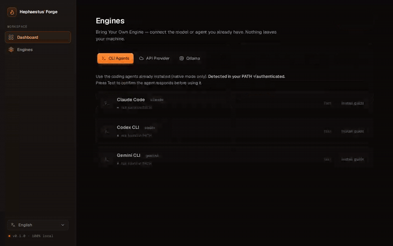 Hephaestus' Forge in action — a one-line idea forged through a 5-phase wizard into a Project Blueprint, PRD, Technical Spec and Estimation, ready to export.